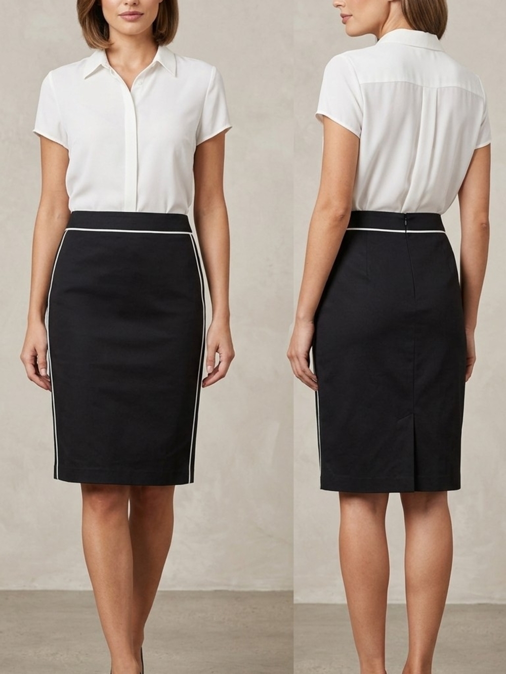 Jones New York Black Pencil Skirt with Cream Contrast Piping